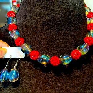 Vintage Art Deco Ruby Red Crystal Glass Necklace with Glass Earrings